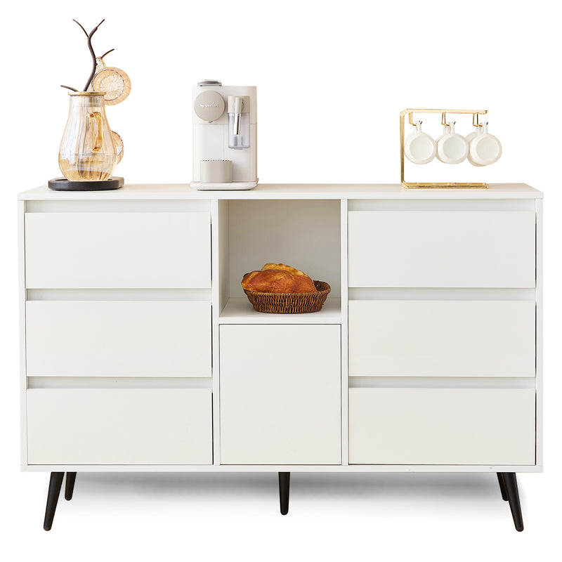 Buffet Moderne Blanc Brillant avec Éclairage LED, 6 Tiroirs Silencieux et Pieds Métalliques Noirs – 120 x 40 x 80 cm QHENGROL