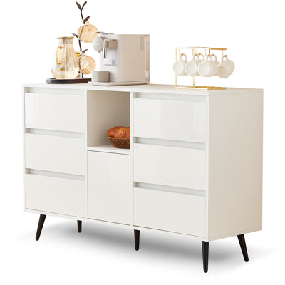 Buffet Moderne Blanc Brillant avec Éclairage LED, 6 Tiroirs Silencieux et Pieds Métalliques Noirs – 120 x 40 x 80 cm QHENGROL
