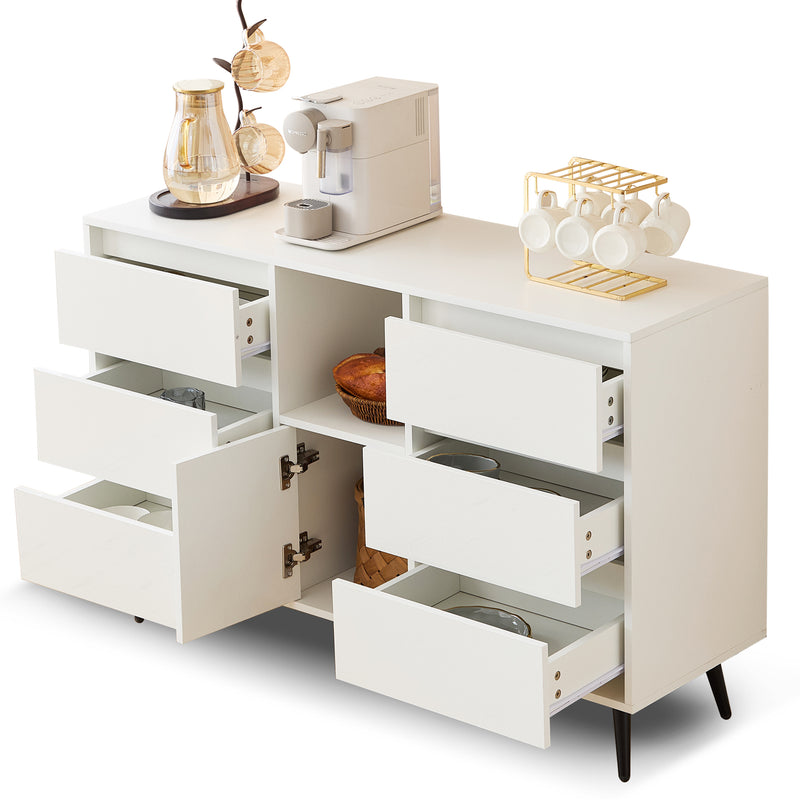 Buffet Moderne Blanc Brillant avec Éclairage LED, 6 Tiroirs Silencieux et Pieds Métalliques Noirs – 120 x 40 x 80 cm QHENGROL