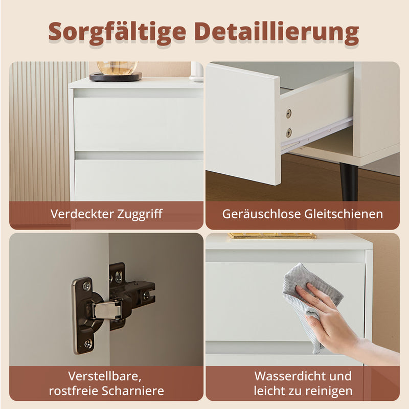 Buffet Moderne Blanc Brillant avec Éclairage LED, 6 Tiroirs Silencieux et Pieds Métalliques Noirs – 120 x 40 x 80 cm QHENGROL