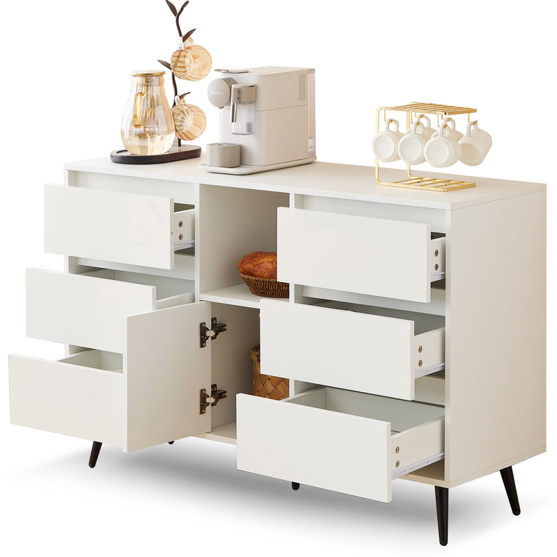 Buffet Moderne Blanc Brillant avec Éclairage LED, 6 Tiroirs Silencieux et Pieds Métalliques Noirs – 120 x 40 x 80 cm QHENGROL
