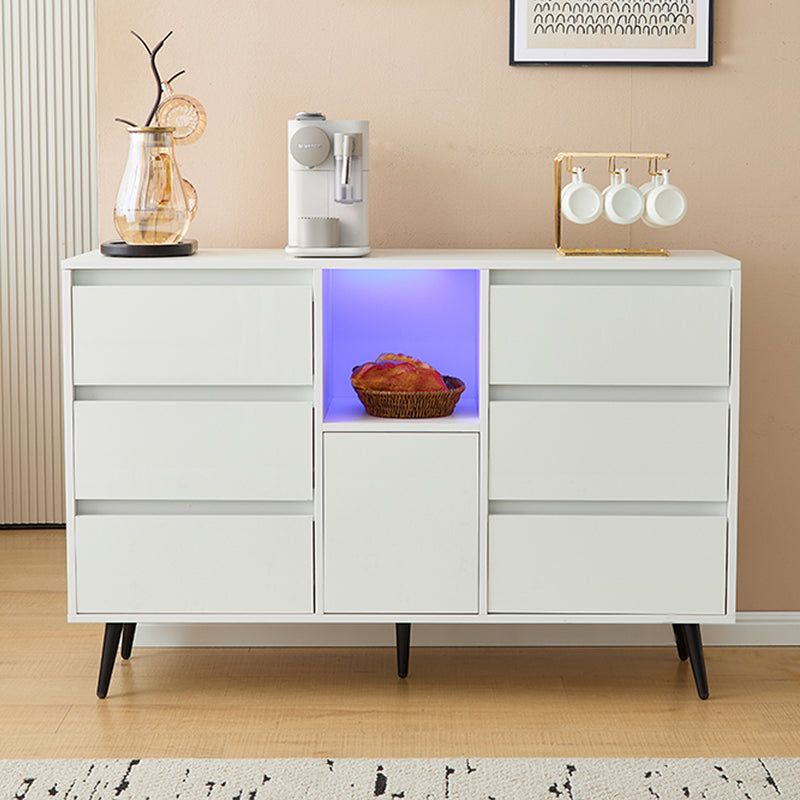 Buffet Moderne Blanc Brillant avec Éclairage LED, 6 Tiroirs Silencieux et Pieds Métalliques Noirs – 120 x 40 x 80 cm QHENGROL
