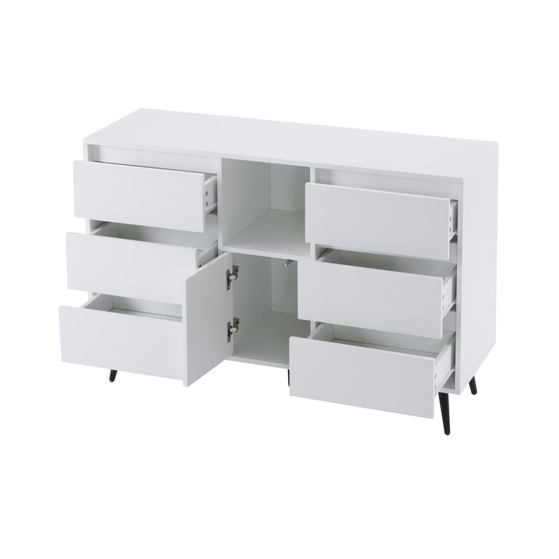 Buffet Moderne Blanc Brillant avec Éclairage LED, 6 Tiroirs Silencieux et Pieds Métalliques Noirs – 120 x 40 x 80 cm QHENGROL