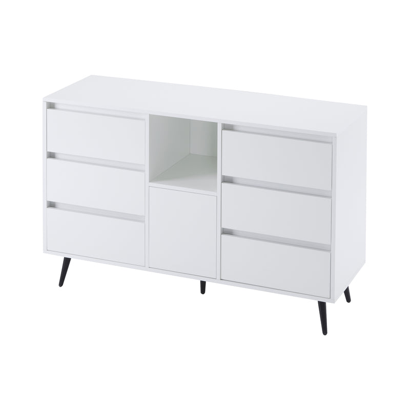 Buffet Moderne Blanc Brillant avec Éclairage LED, 6 Tiroirs Silencieux et Pieds Métalliques Noirs – 120 x 40 x 80 cm QHENGROL