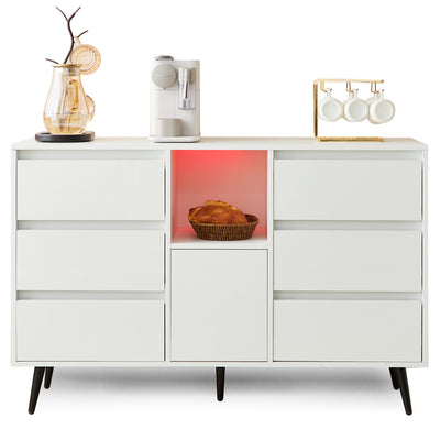 Buffet Moderne Blanc Brillant avec Éclairage LED, 6 Tiroirs Silencieux et Pieds Métalliques Noirs – 120 x 40 x 80 cm QHENGROL