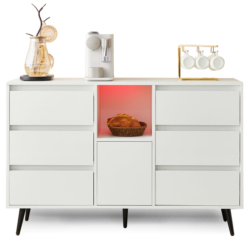 Buffet Moderne Blanc Brillant avec Éclairage LED, 6 Tiroirs Silencieux et Pieds Métalliques Noirs – 120 x 40 x 80 cm QHENGROL