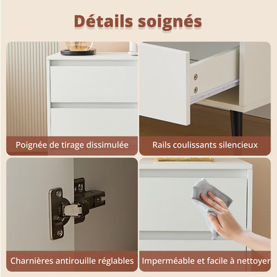 Buffet Moderne Blanc Brillant avec Éclairage LED, 6 Tiroirs Silencieux et Pieds Métalliques Noirs – 120 x 40 x 80 cm QHENGROL