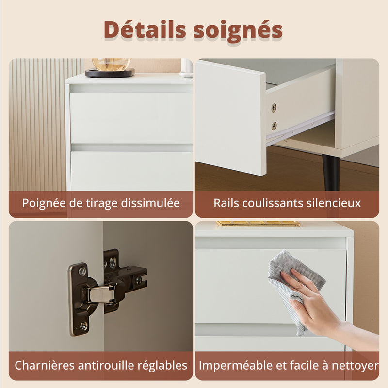 Buffet Moderne Blanc Brillant avec Éclairage LED, 6 Tiroirs Silencieux et Pieds Métalliques Noirs – 120 x 40 x 80 cm QHENGROL