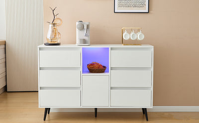 Buffet Moderne Blanc Brillant avec Éclairage LED, 6 Tiroirs Silencieux et Pieds Métalliques Noirs – 120 x 40 x 80 cm QHENGROL