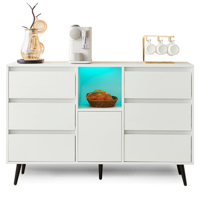 Buffet Moderne Blanc Brillant avec Éclairage LED, 6 Tiroirs Silencieux et Pieds Métalliques Noirs – 120 x 40 x 80 cm QHENGROL