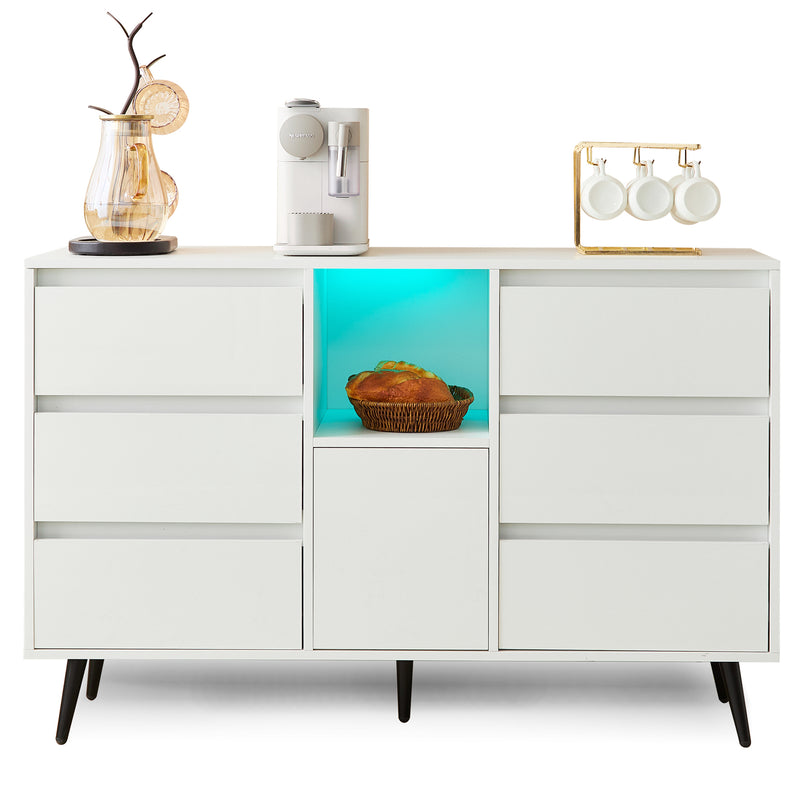 Buffet Moderne Blanc Brillant avec Éclairage LED, 6 Tiroirs Silencieux et Pieds Métalliques Noirs – 120 x 40 x 80 cm QHENGROL
