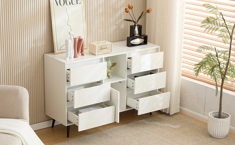Buffet Moderne Blanc Brillant avec Éclairage LED, 6 Tiroirs Silencieux et Pieds Métalliques Noirs – 120 x 40 x 80 cm QHENGROL