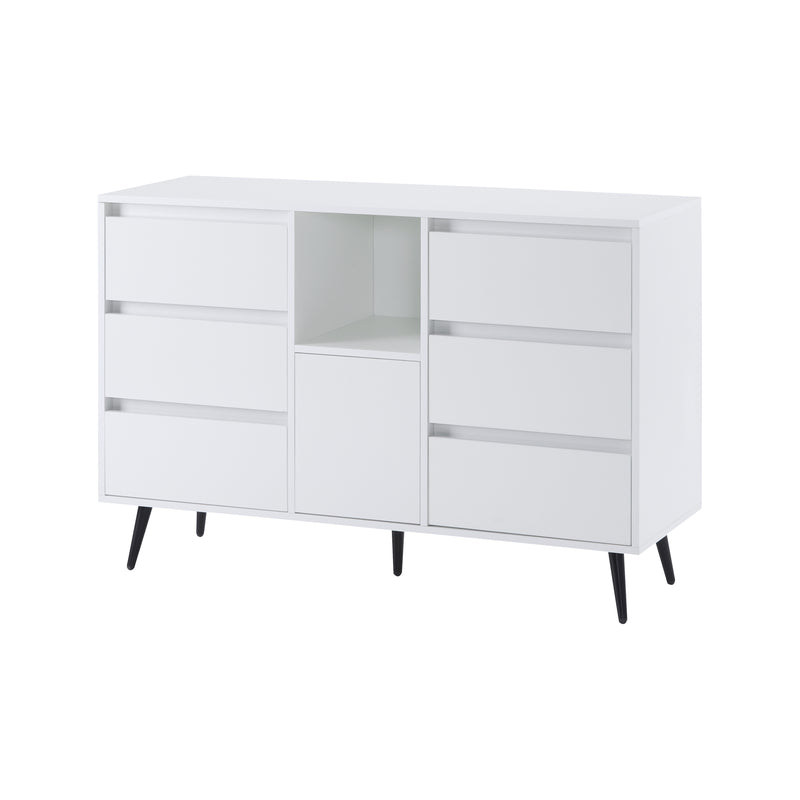 Buffet Moderne Blanc Brillant avec Éclairage LED, 6 Tiroirs Silencieux et Pieds Métalliques Noirs – 120 x 40 x 80 cm QHENGROL