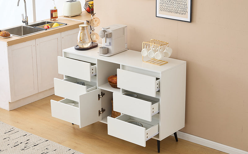 Buffet Moderne Blanc Brillant avec Éclairage LED, 6 Tiroirs Silencieux et Pieds Métalliques Noirs – 120 x 40 x 80 cm QHENGROL