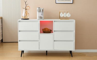 Buffet Moderne Blanc Brillant avec Éclairage LED, 6 Tiroirs Silencieux et Pieds Métalliques Noirs – 120 x 40 x 80 cm QHENGROL