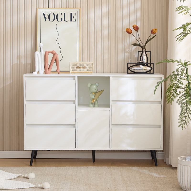 Buffet Moderne Blanc Brillant avec Éclairage LED, 6 Tiroirs Silencieux et Pieds Métalliques Noirs – 120 x 40 x 80 cm QHENGROL