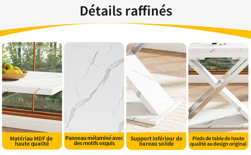 Table de Salle à Manger Extensible Blanche Effet Marbre avec Piètement Croisé et Rail Métallique (118-157cm) QHIKKOID