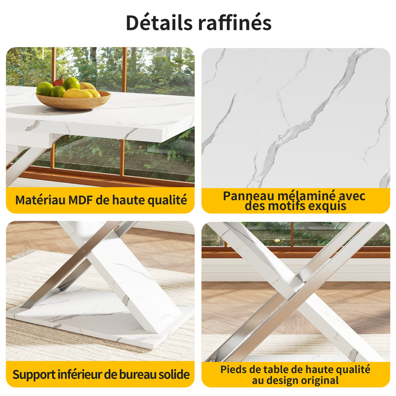 Table de Salle à Manger Extensible Blanche Effet Marbre avec Piètement Croisé et Rail Métallique (118-157cm) QHIKKOID