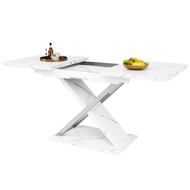 Table de Salle à Manger Extensible Blanche Effet Marbre avec Piètement Croisé et Rail Métallique (118-157cm) QHIKKOID