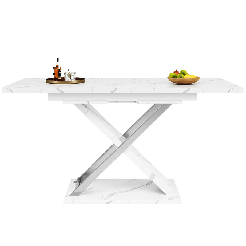 Table de Salle à Manger Extensible Blanche Effet Marbre avec Piètement Croisé et Rail Métallique (118-157cm) QHIKKOID
