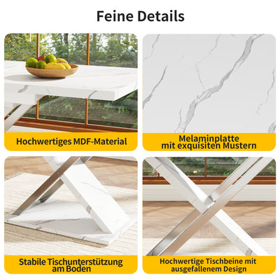 Table de Salle à Manger Extensible Blanche Effet Marbre avec Piètement Croisé et Rail Métallique (118-157cm) QHIKKOID