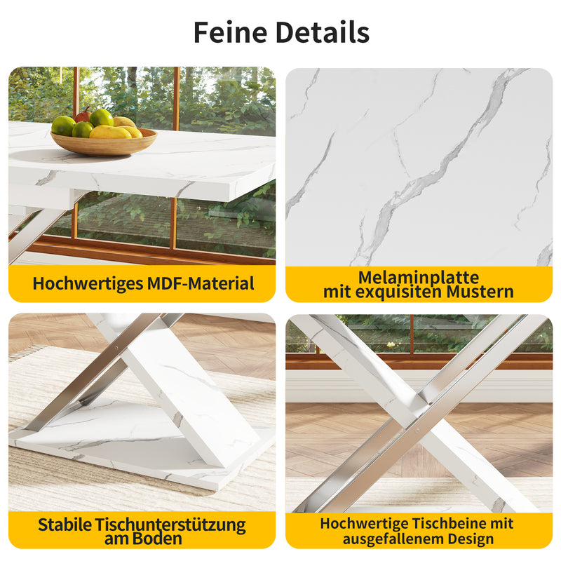 Table de Salle à Manger Extensible Blanche Effet Marbre avec Piètement Croisé et Rail Métallique (118-157cm) QHIKKOID