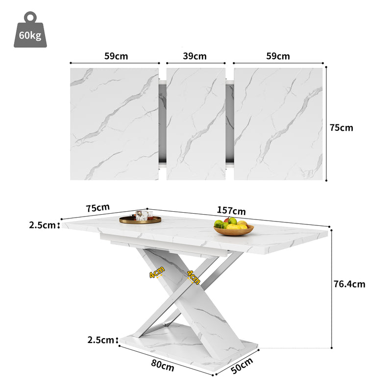Table de Salle à Manger Extensible Blanche Effet Marbre avec Piètement Croisé et Rail Métallique (118-157cm) QHIKKOID