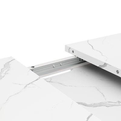 Table de Salle à Manger Extensible Blanche Effet Marbre avec Piètement Croisé et Rail Métallique (118-157cm) QHIKKOID