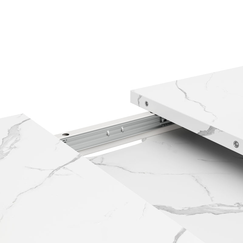 Table de Salle à Manger Extensible Blanche Effet Marbre avec Piètement Croisé et Rail Métallique (118-157cm) QHIKKOID