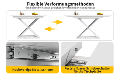 Table de Salle à Manger Extensible Blanche Effet Marbre avec Piètement Croisé et Rail Métallique (118-157cm) QHIKKOID