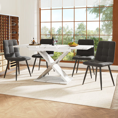 Table de Salle à Manger Extensible Blanche Effet Marbre avec Piètement Croisé et Rail Métallique (118-157cm) QHIKKOID