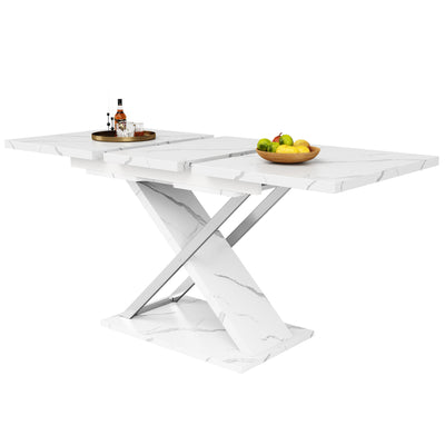 Table de Salle à Manger Extensible Blanche Effet Marbre avec Piètement Croisé et Rail Métallique (118-157cm) QHIKKOID