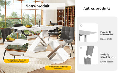 Table de Salle à Manger Extensible Blanche Effet Marbre avec Piètement Croisé et Rail Métallique (118-157cm) QHIKKOID