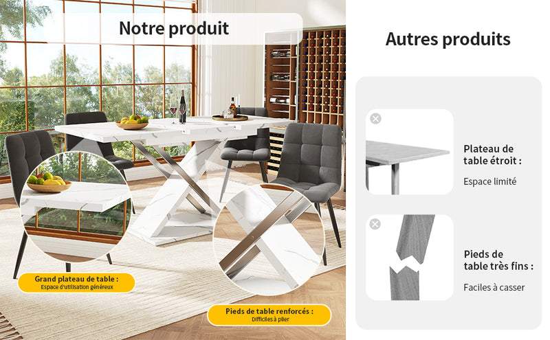 Table de Salle à Manger Extensible Blanche Effet Marbre avec Piètement Croisé et Rail Métallique (118-157cm) QHIKKOID