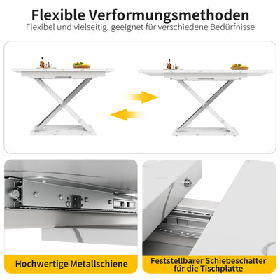 Table de Salle à Manger Extensible Blanche Effet Marbre avec Piètement Croisé et Rail Métallique (118-157cm) QHIKKOID