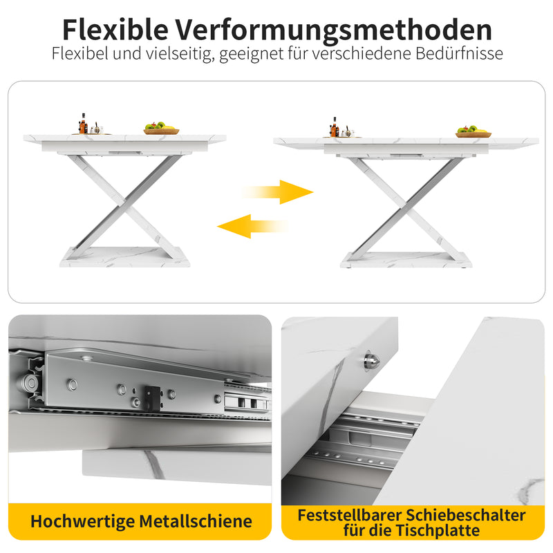 Table de Salle à Manger Extensible Blanche Effet Marbre avec Piètement Croisé et Rail Métallique (118-157cm) QHIKKOID