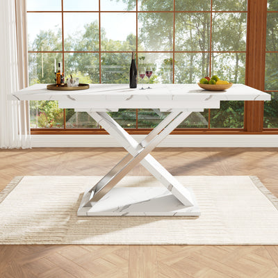 Table de Salle à Manger Extensible Blanche Effet Marbre avec Piètement Croisé et Rail Métallique (118-157cm) QHIKKOID