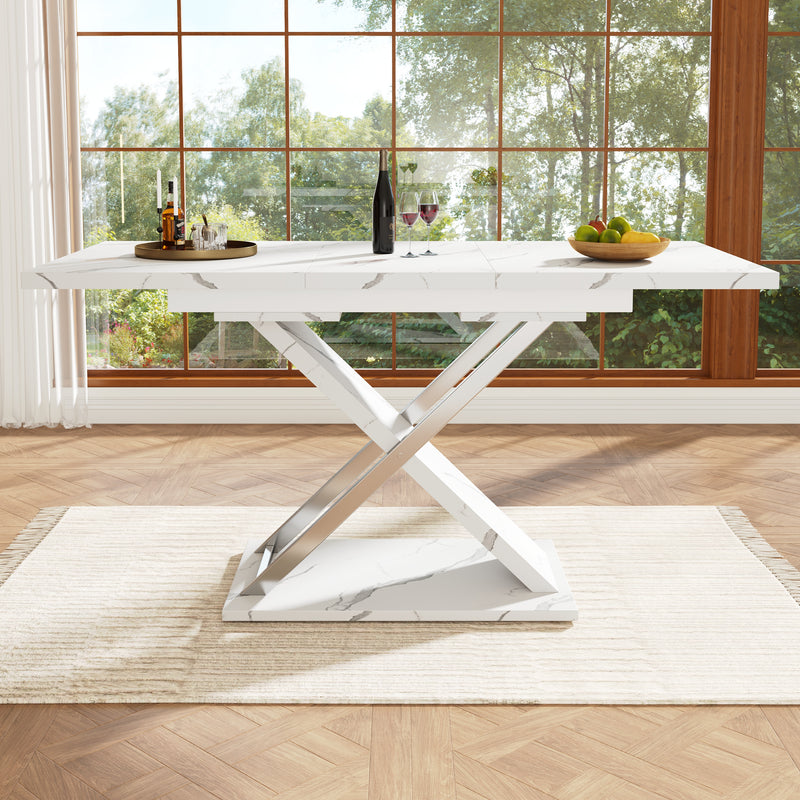 Table de Salle à Manger Extensible Blanche Effet Marbre avec Piètement Croisé et Rail Métallique (118-157cm) QHIKKOID