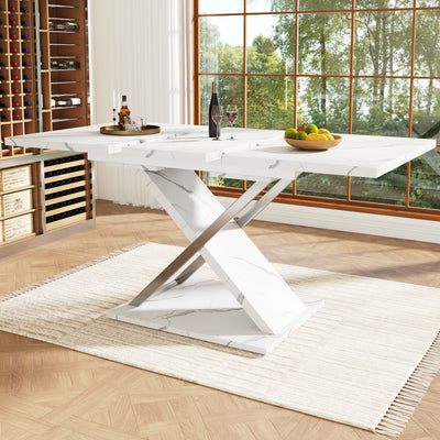 Table de Salle à Manger Extensible Blanche Effet Marbre avec Piètement Croisé et Rail Métallique (118-157cm) QHIKKOID