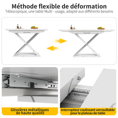 Table de Salle à Manger Extensible Blanche Effet Marbre avec Piètement Croisé et Rail Métallique (118-157cm) QHIKKOID