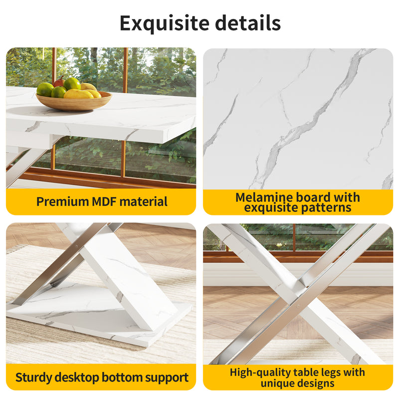Table de Salle à Manger Extensible Blanche Effet Marbre avec Piètement Croisé et Rail Métallique (118-157cm) QHIKKOID