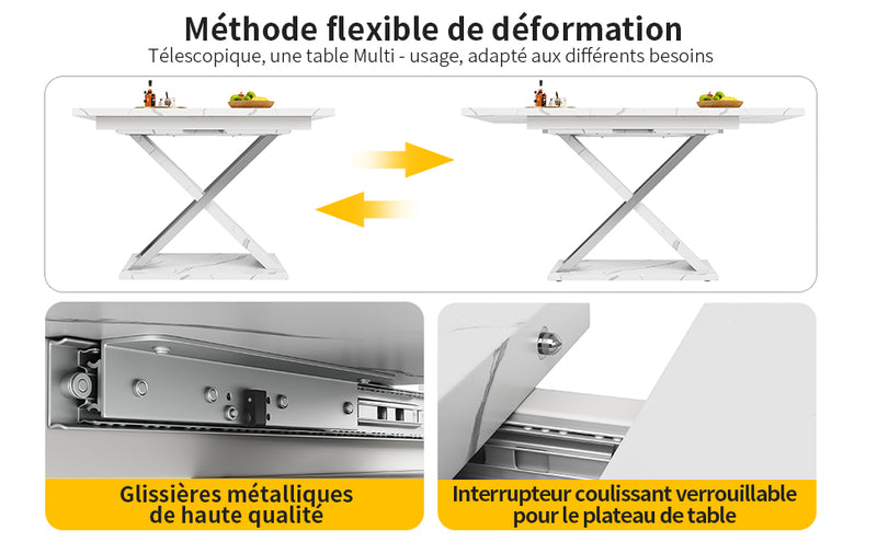 Table de Salle à Manger Extensible Blanche Effet Marbre avec Piètement Croisé et Rail Métallique (118-157cm) QHIKKOID