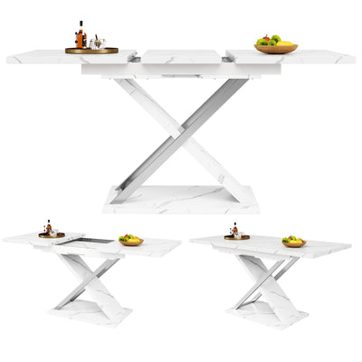 Table de Salle à Manger Extensible Blanche Effet Marbre avec Piètement Croisé et Rail Métallique (118-157cm) QHIKKOID