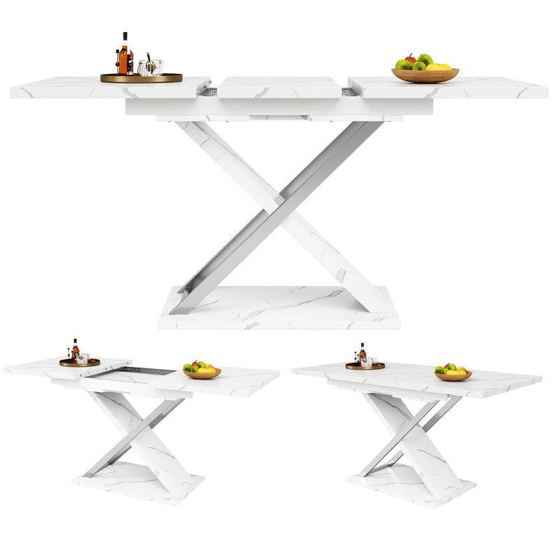 Table de Salle à Manger Extensible Blanche Effet Marbre avec Piètement Croisé et Rail Métallique (118-157cm) QHIKKOID