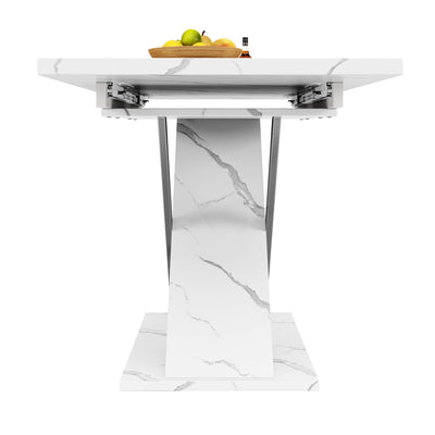Table de Salle à Manger Extensible Blanche Effet Marbre avec Piètement Croisé et Rail Métallique (118-157cm) QHIKKOID