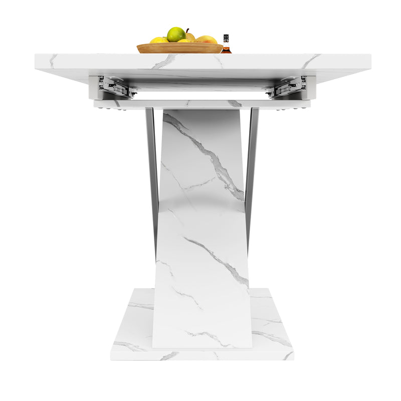 Table de Salle à Manger Extensible Blanche Effet Marbre avec Piètement Croisé et Rail Métallique (118-157cm) QHIKKOID
