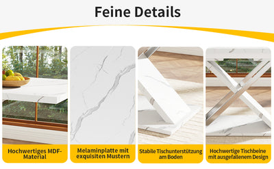Table de Salle à Manger Extensible Blanche Effet Marbre avec Piètement Croisé et Rail Métallique (118-157cm) QHIKKOID