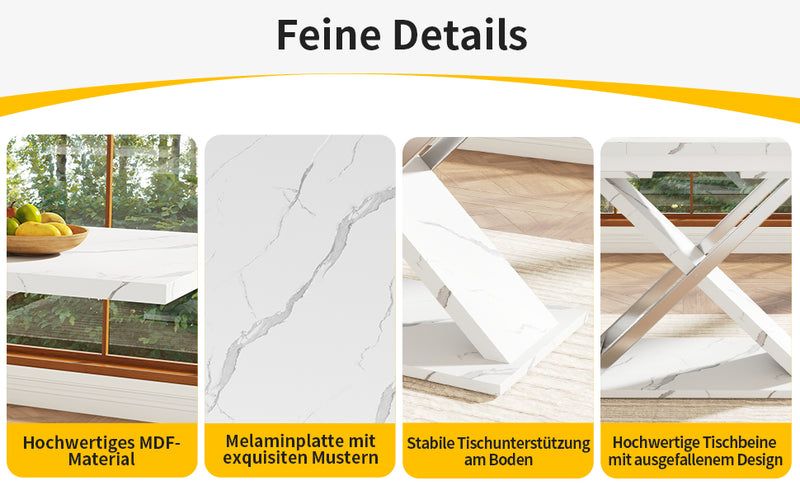 Table de Salle à Manger Extensible Blanche Effet Marbre avec Piètement Croisé et Rail Métallique (118-157cm) QHIKKOID