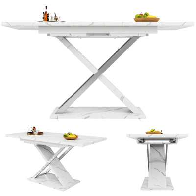 Table de Salle à Manger Extensible Blanche Effet Marbre avec Piètement Croisé et Rail Métallique (118-157cm) QHIKKOID