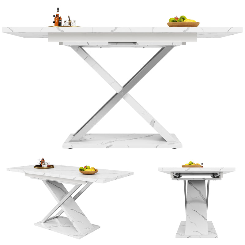 Table de Salle à Manger Extensible Blanche Effet Marbre avec Piètement Croisé et Rail Métallique (118-157cm) QHIKKOID
